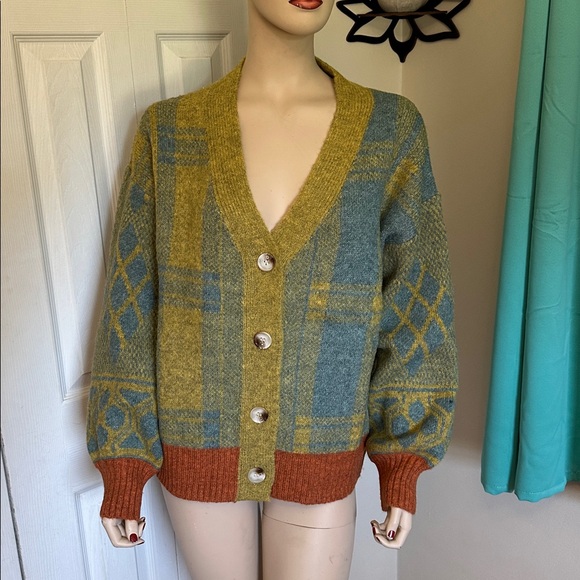 Mystree Sweaters - Mystree Mustard and Teal Cardigan Sweater